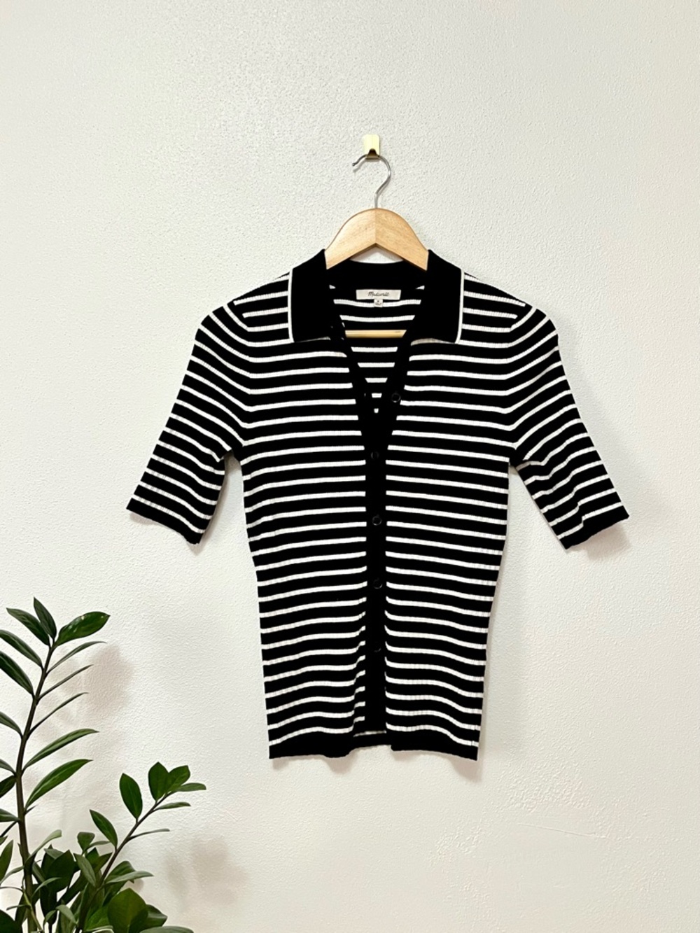 Madewell Women's The Signature Knit Sweater Polo Tee black white striped Abyss M